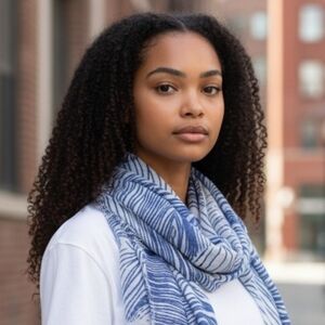 MARIMEKKO Scarf Wrap 40" Square Fringed Edge Cotton Blue White Oyster Shells